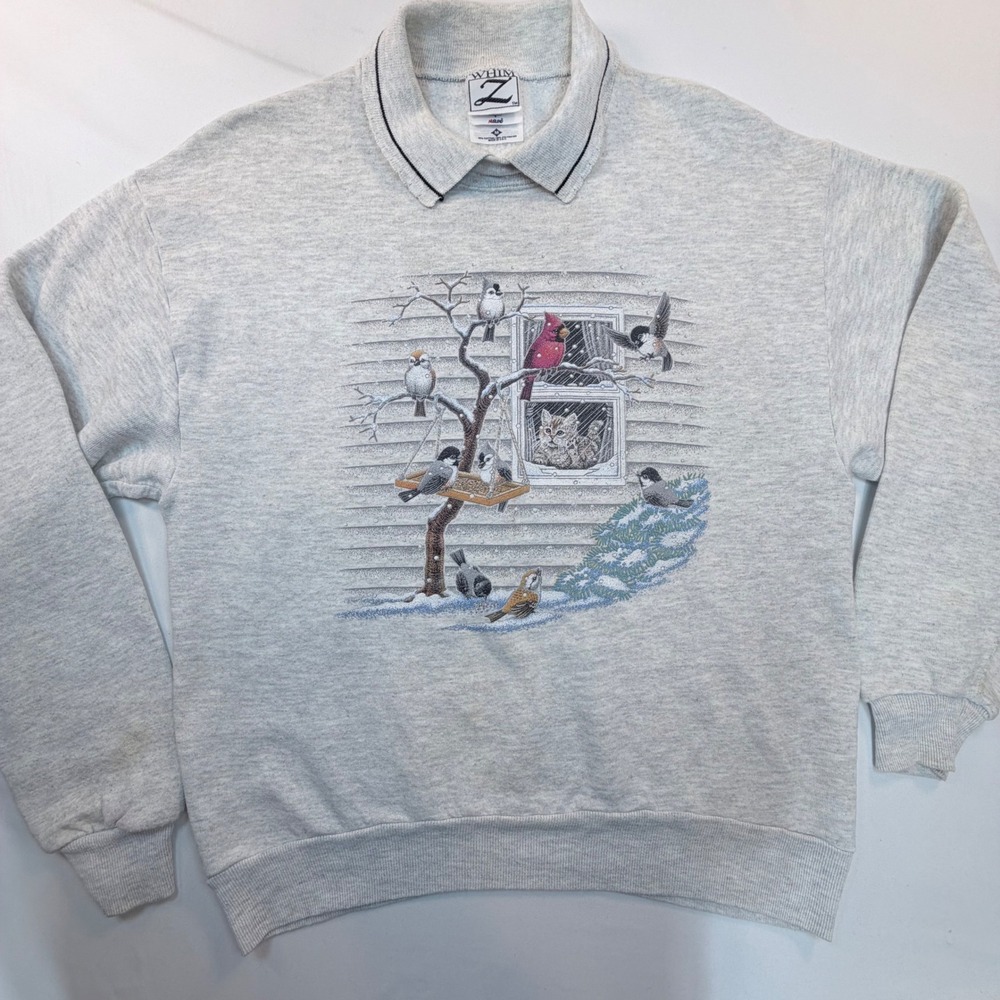 Whim Z Collared Sweatshirt Unisex Medium Gray Bird Cat Graphic Vintage 90s USA